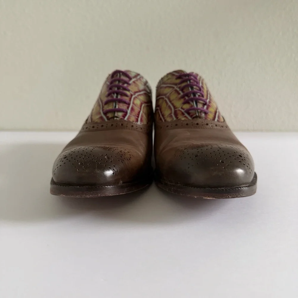 John Fluevog City Angels Damascus Classic Brogued Oxfords Grey Croc Womens US 10